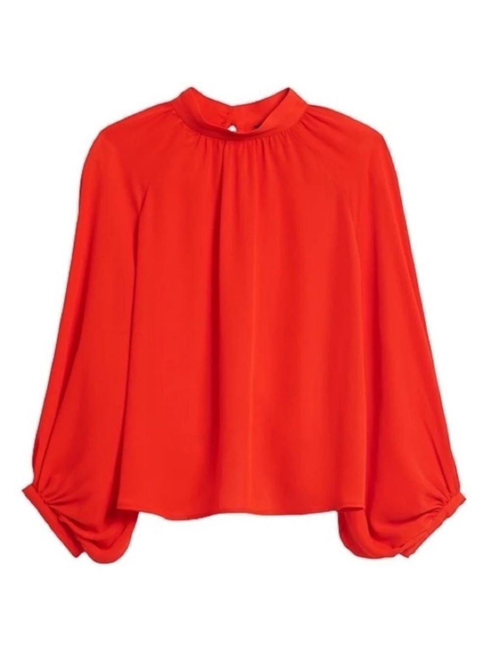 BR XS Vibrant Red Mock Neck Two Button Back Keyhole Long Balloon Sleeve Blouse